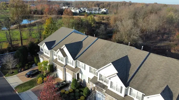 Aerial view of a townhome roof inspected by Allabaugh Construction